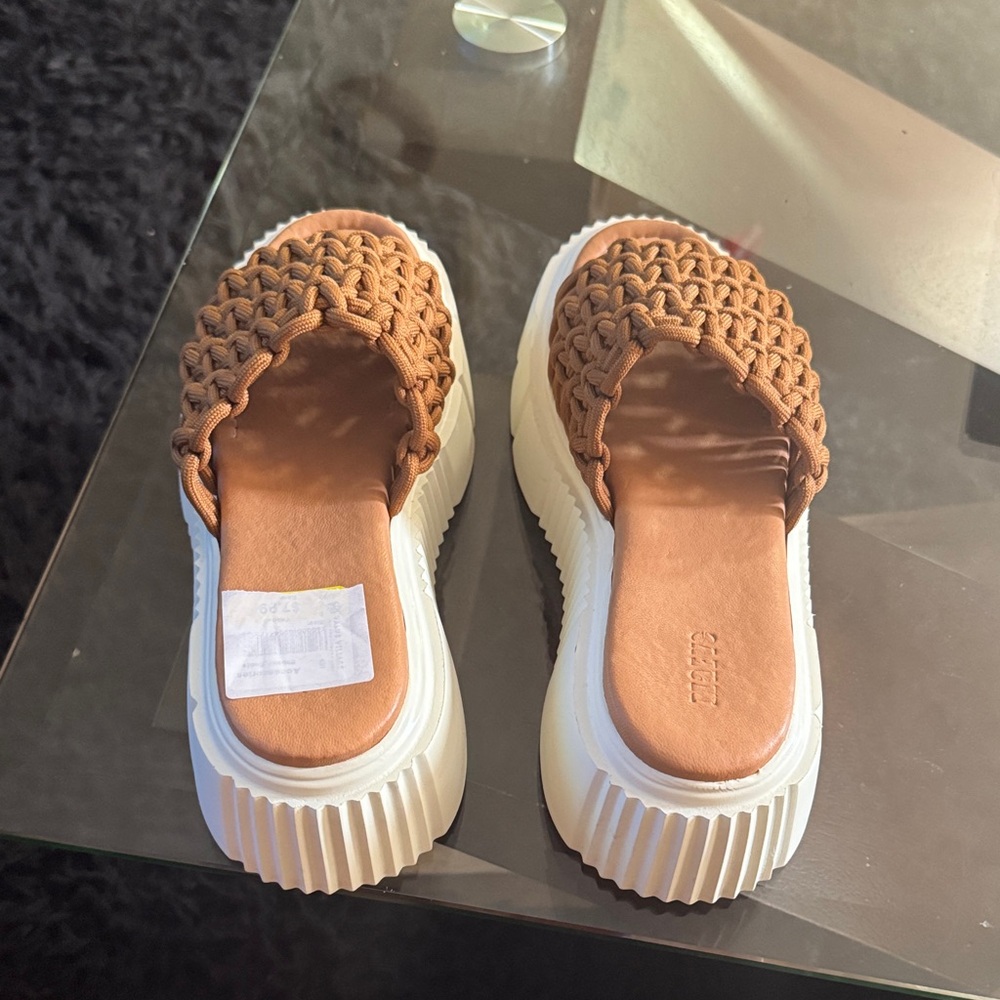 Maeve Brown Braided Platform Slide Sandals with White Soles